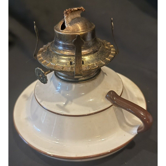 Vintage Lamplight Farms Oil Lamp Shade Stoneware Pottery Milk Glass Brown Ruffle - Picture 12 of 15